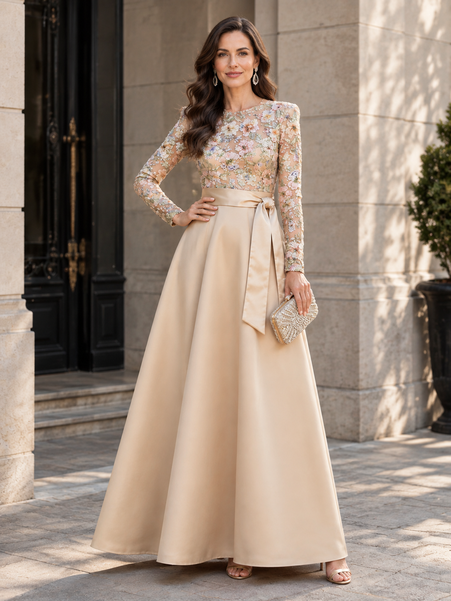 Champagne Long Sleeve Floral Embroidery Sash Bow A-Line Maxi Dress