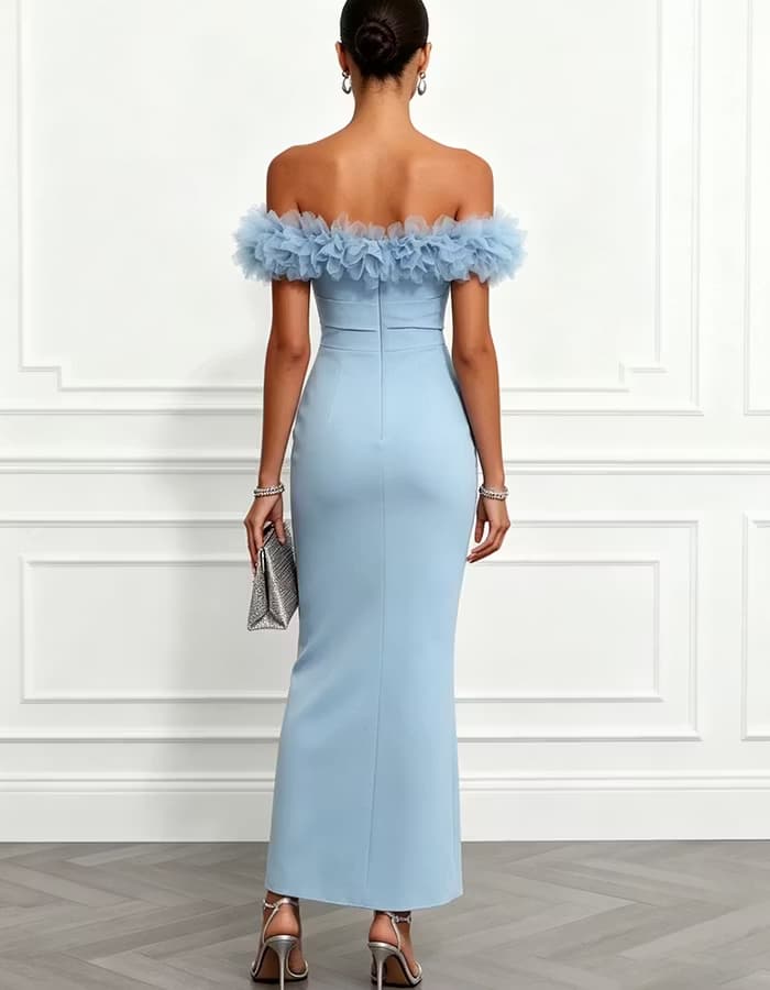 Light Blue Off-the-Shoulder Tulle Ruffle Mermaid Maxi Dress