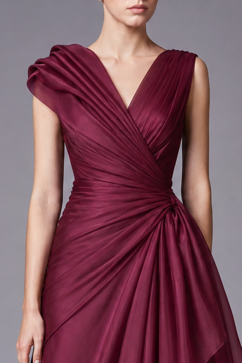 Burgundy V Neck Ruched Ruffled A-Line Maxi Dress