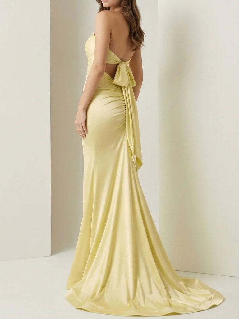Butter Yellow Strapless Mermaid Evening Gown with Train