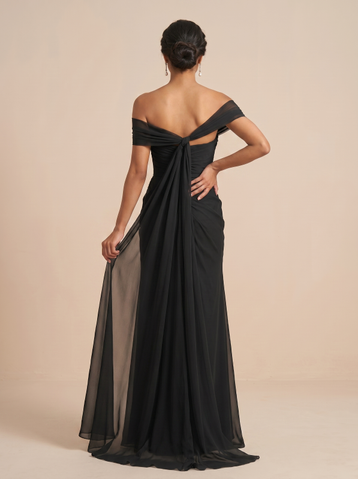 Black Off-the-Shoulder Ruched High Slit Chiffon Evening Gown