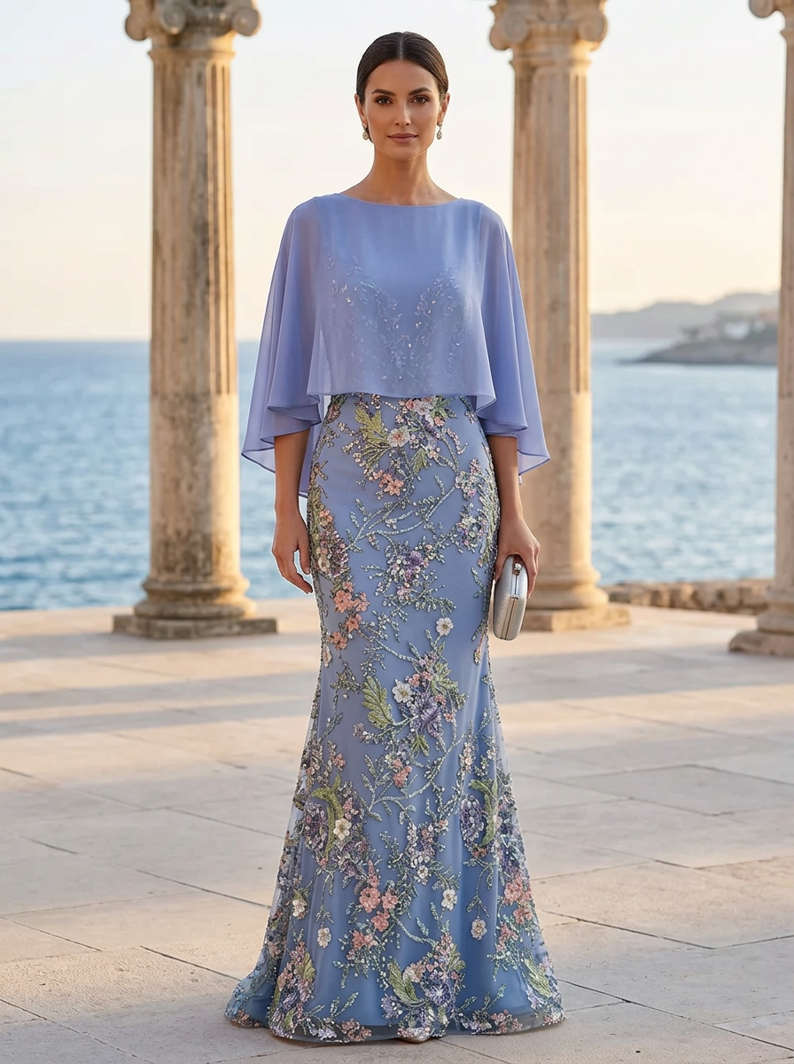 Light Blue Boat Neck Chiffon Cape Overlay Maxi Dress
