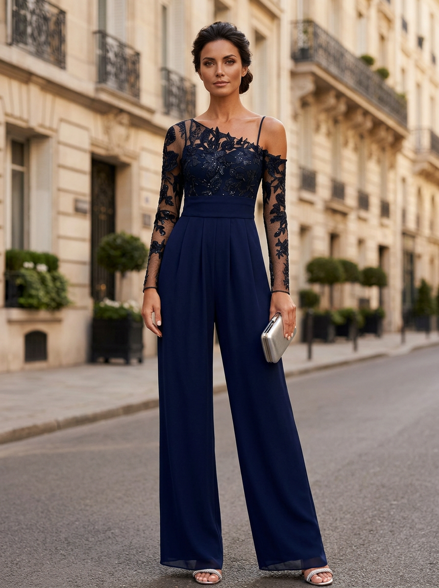 Navy Blue One-Shoulder Chiffon Long Sleeve Jumpsuit
