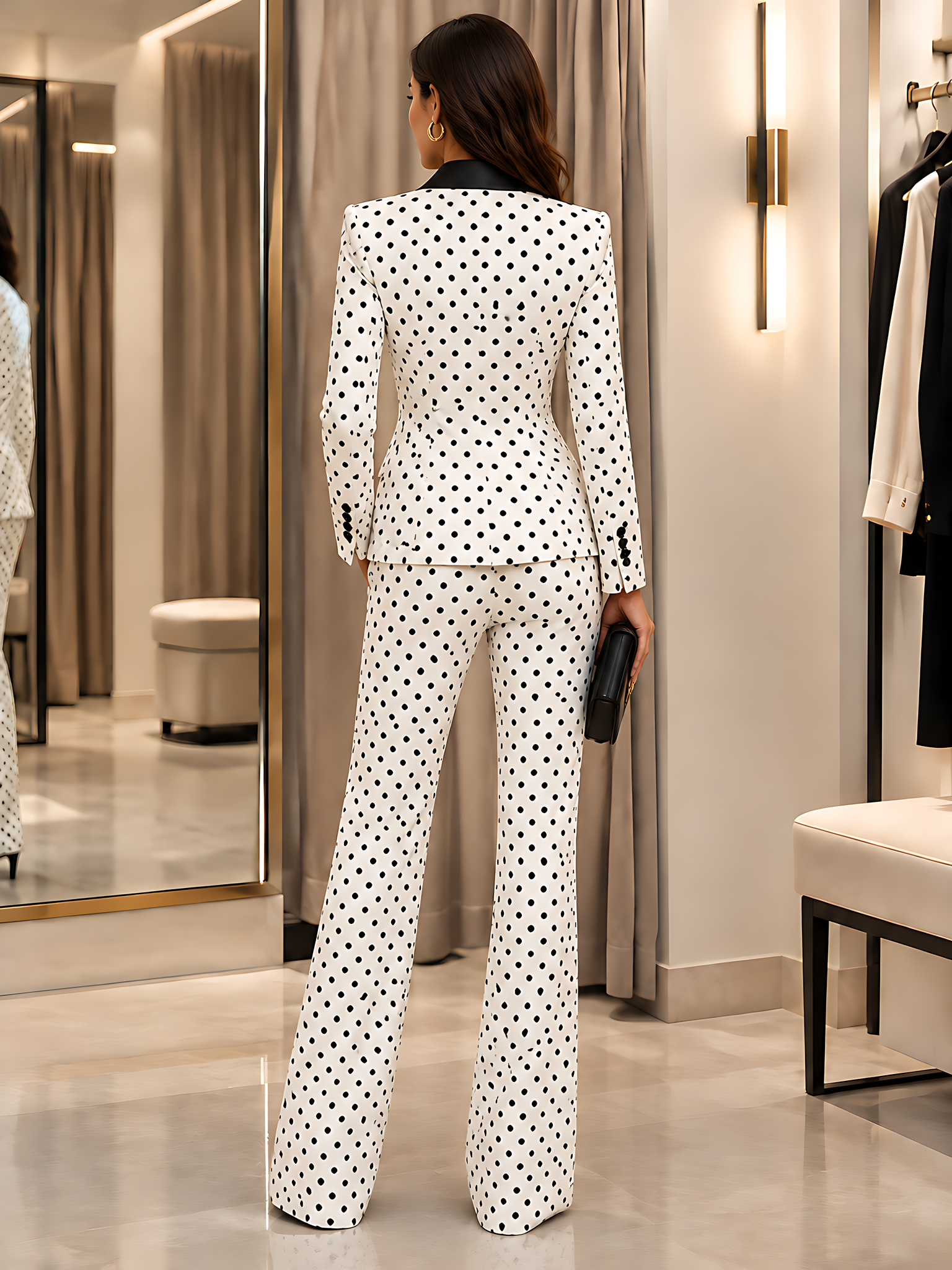 White Polka Dot Shawl Collar Long Sleeve Wide Leg Jumpsuit