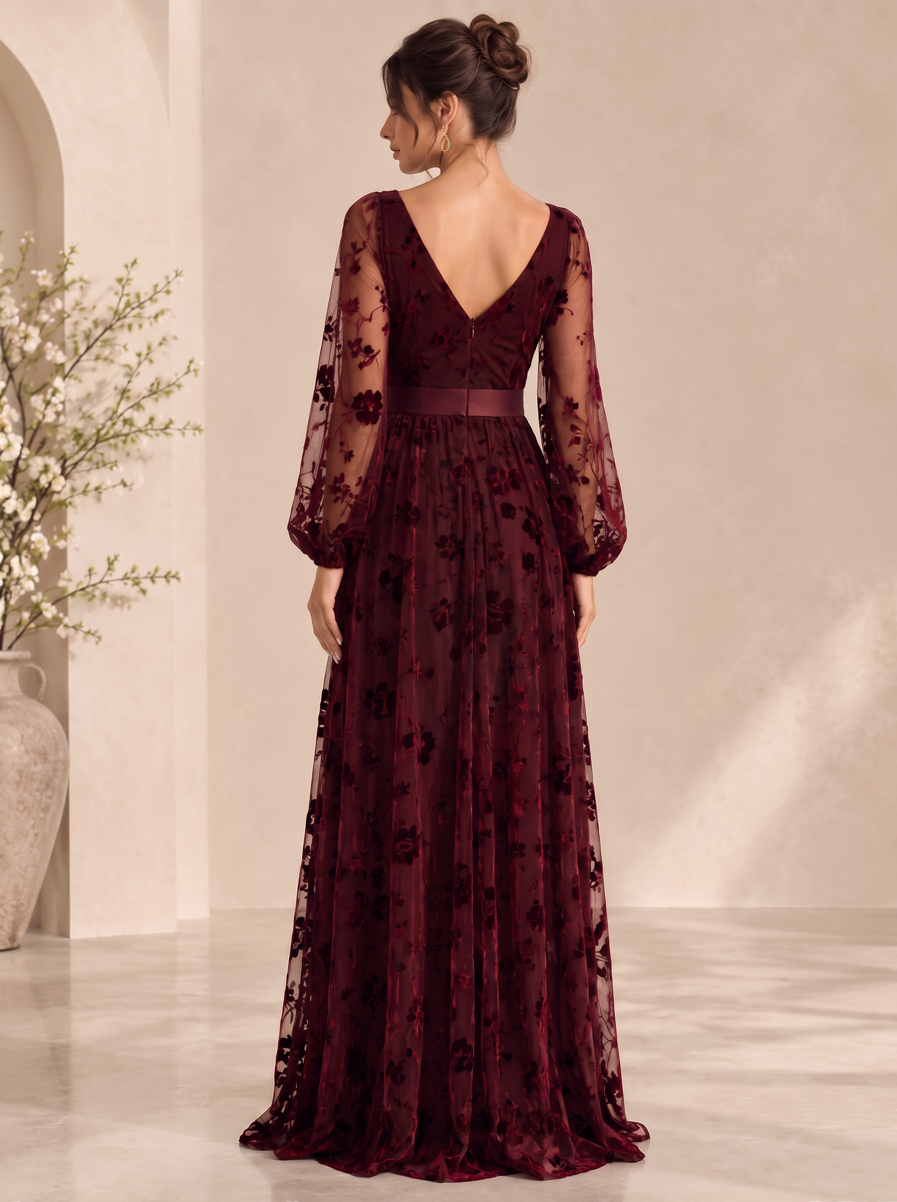 Burgundy V-Neck Blouson Sleeve Floral Burnout Slit Maxi Dress