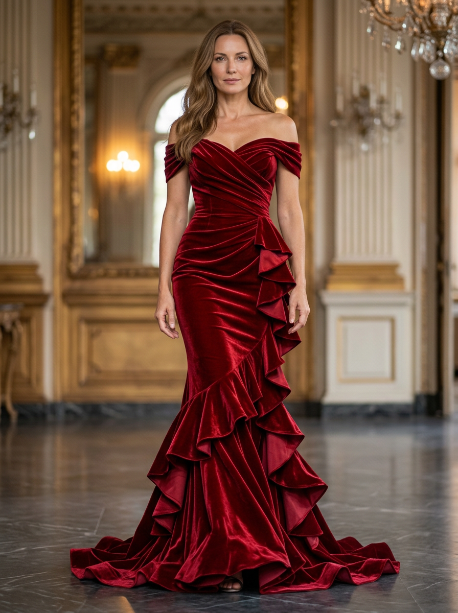Burgundy Velvet Off Shoulder Ruched Ruffle Mermaid Maxi Dress