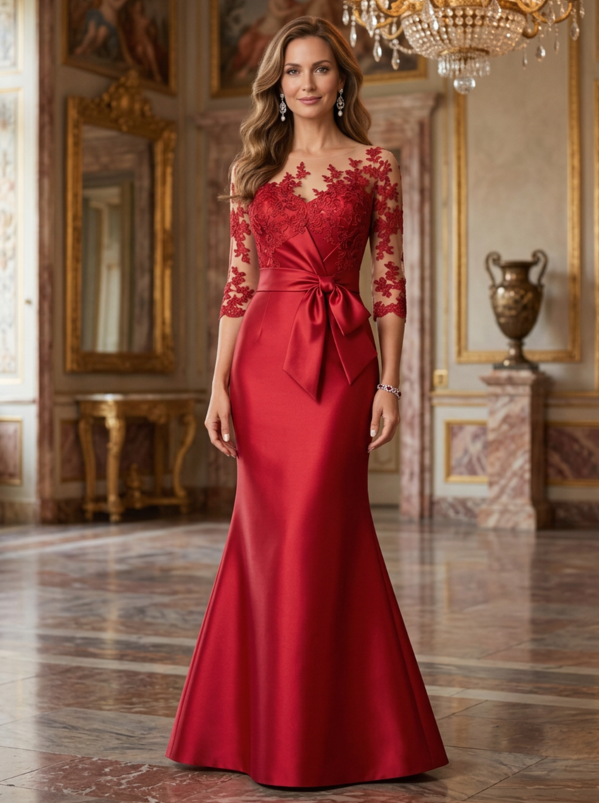 Solid Color Lace Patchwork Satin Fishtail Maxi Dress