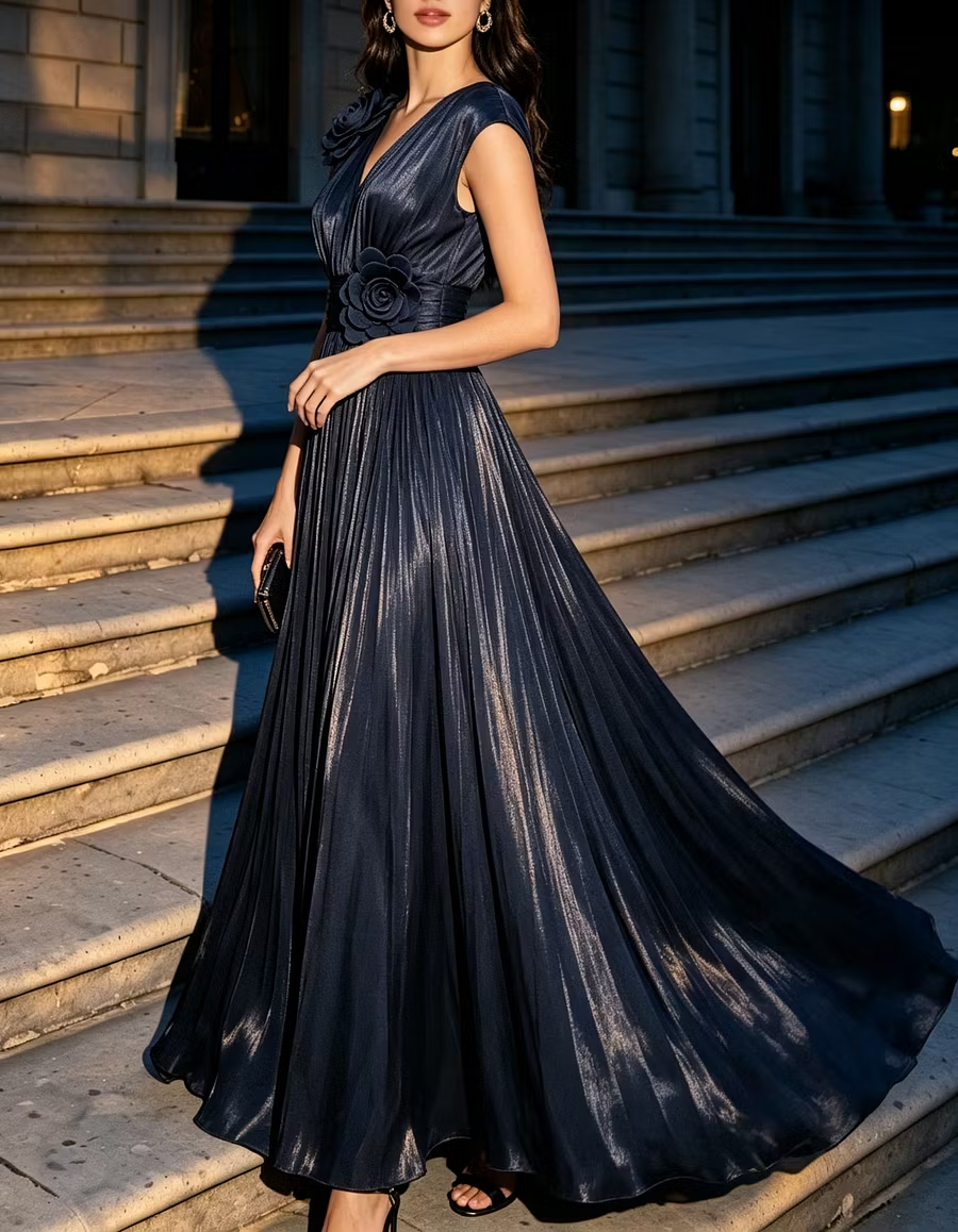 Navy Blue V‑Neck Organza 3D Floral Ruched Waist A‑Line Maxi Dress