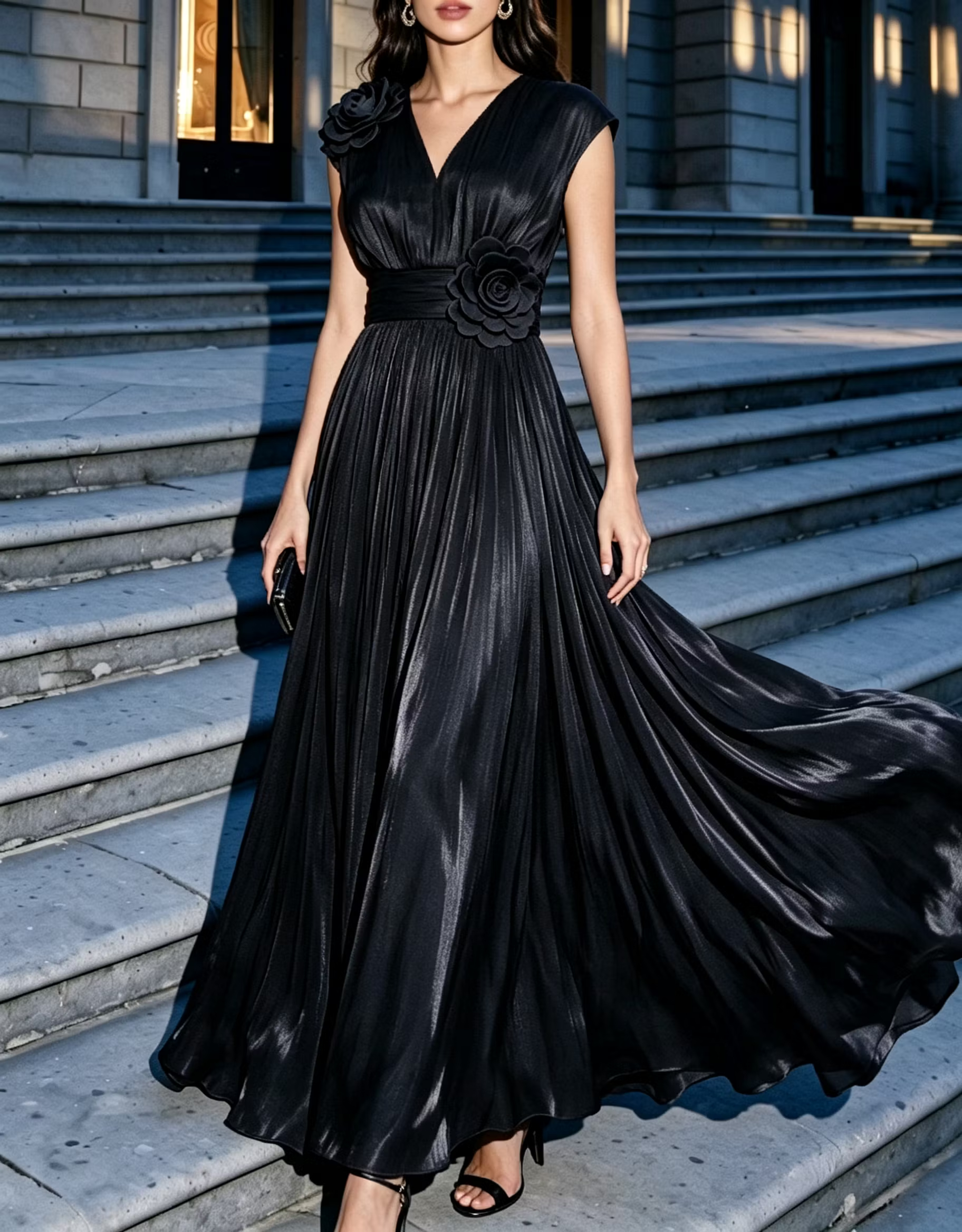 Navy Blue V‑Neck Organza 3D Floral Ruched Waist A‑Line Maxi Dress