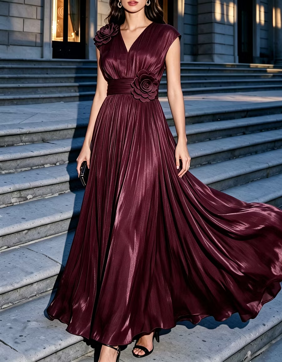 Navy Blue V‑Neck Organza 3D Floral Ruched Waist A‑Line Maxi Dress