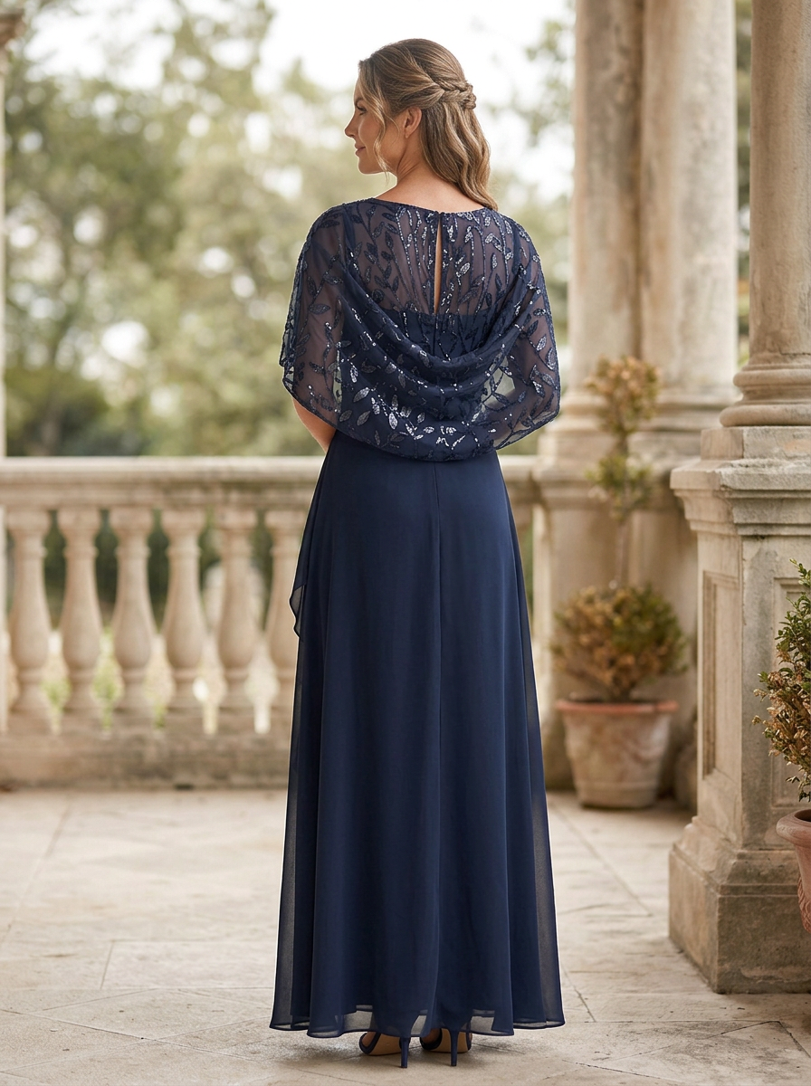 Navy Blue Chiffon Round Neck Cape Sleeve Maxi Dress