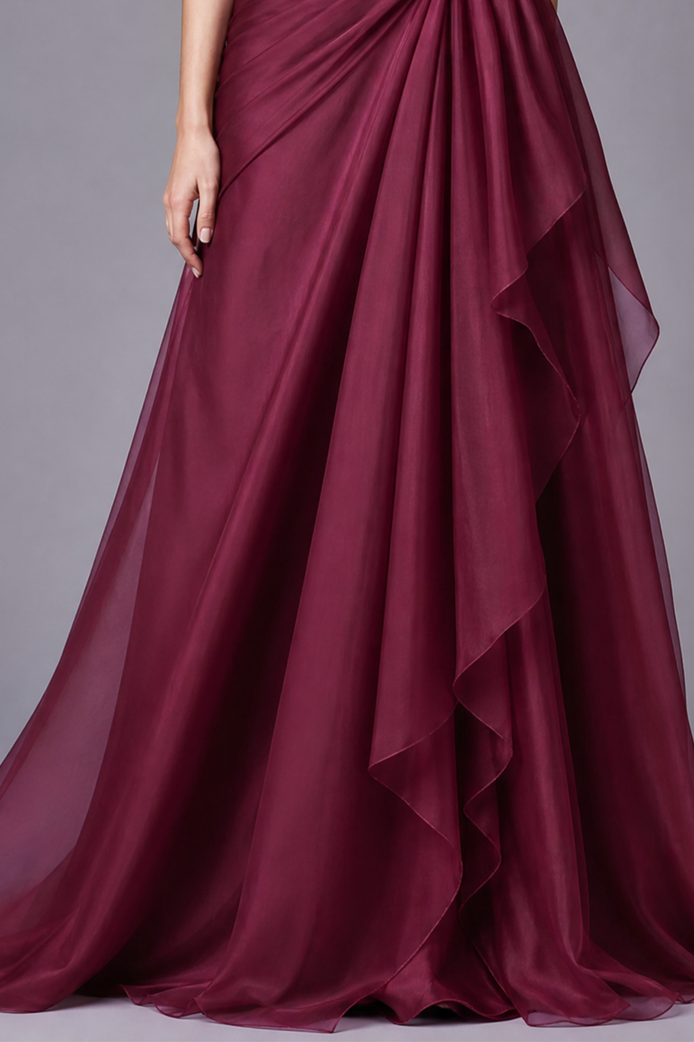 Burgundy V Neck Ruched Ruffled A-Line Maxi Dress