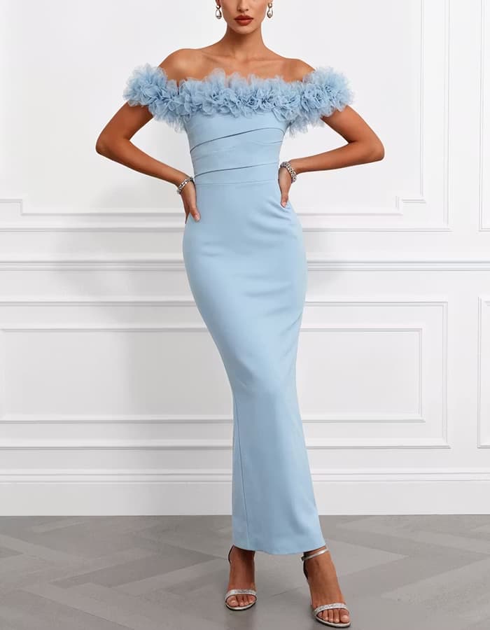 Light Blue Off-the-Shoulder Tulle Ruffle Mermaid Maxi Dress