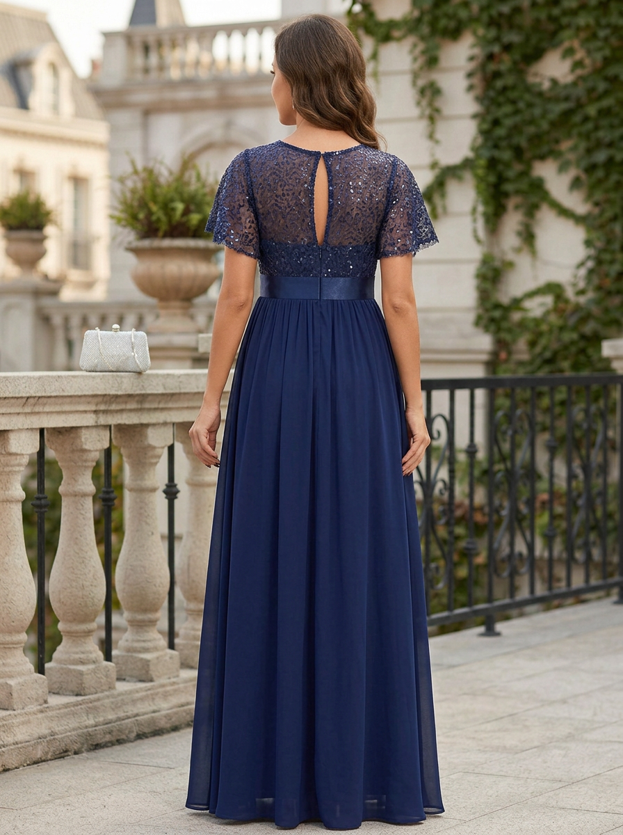 Navy Blue Chiffon Sequin Lace Bodice Flutter Sleeves Maxi Dress