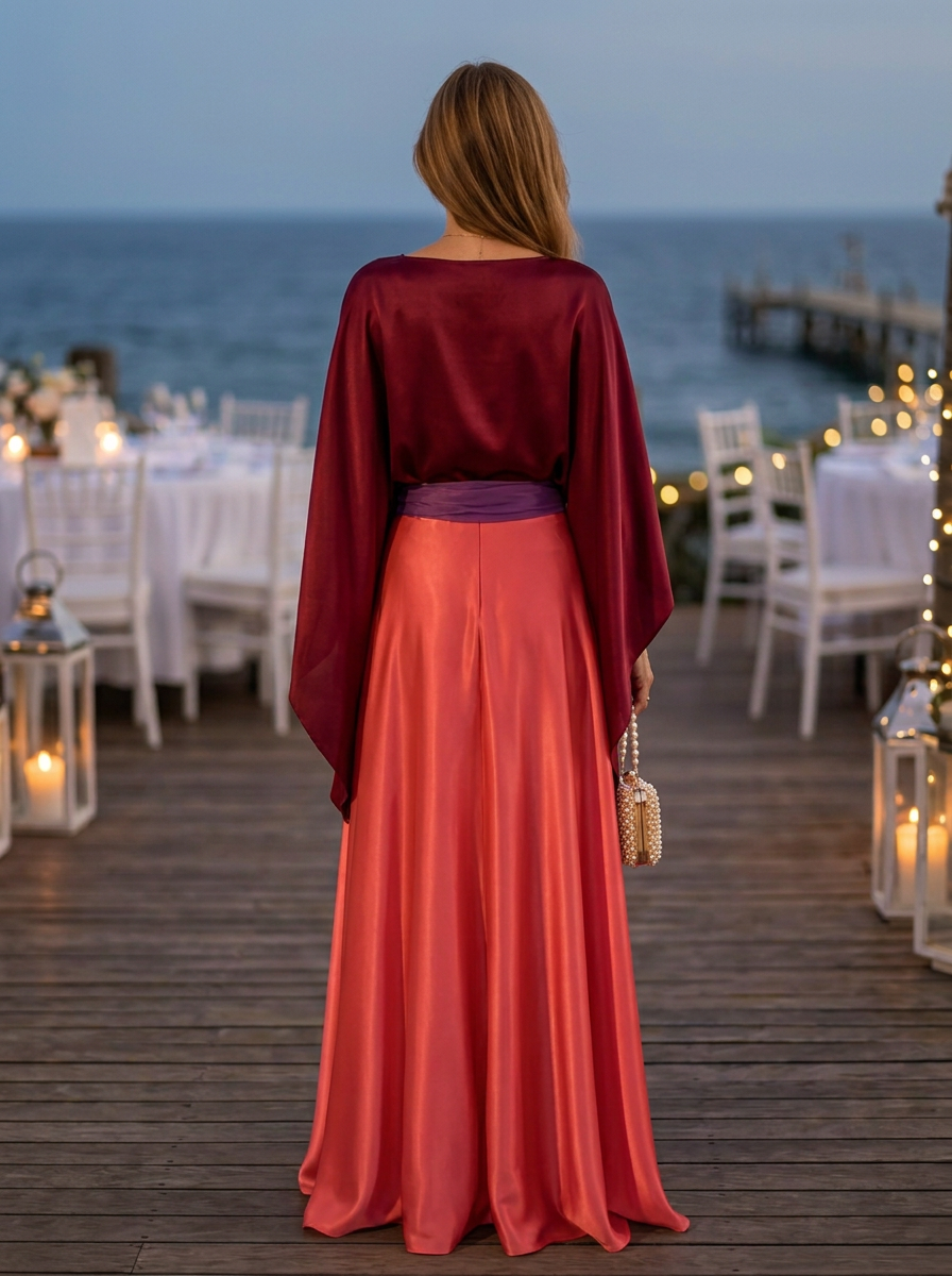 Burgundy Boat Neck Cape Sleeve Satin Top Coral Satin Floor-Length Skirt Formal Set