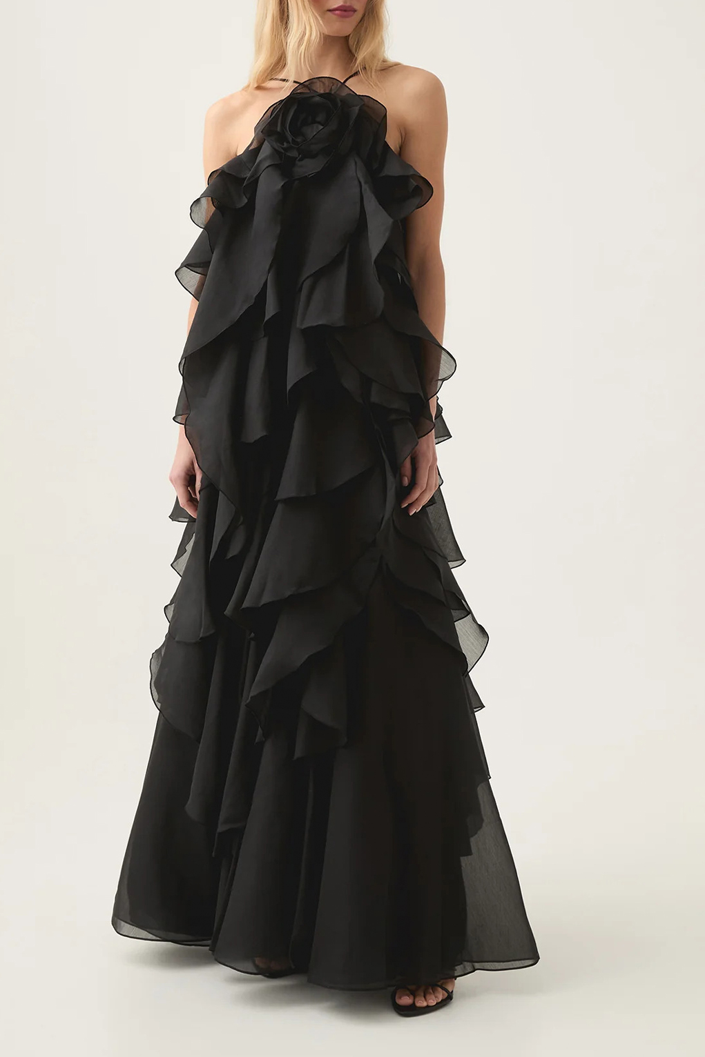 3D Flower Halter Neck Frill Maxi Dress