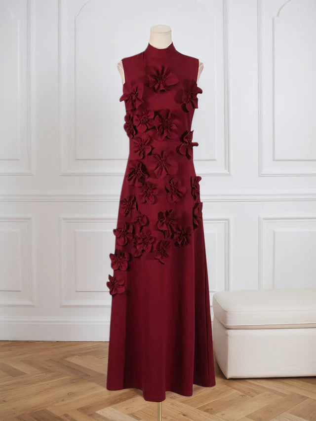 A Line High Neck Sleeveless Floor Length Stretch Crepe Dress With 3D Flowers