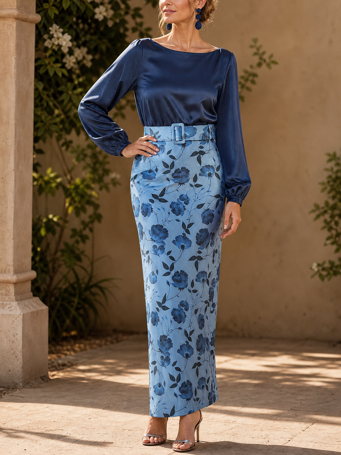 Navy Blue Satin Floral Midi-Split Two-Piece Ensemble Sheath Gown Dress