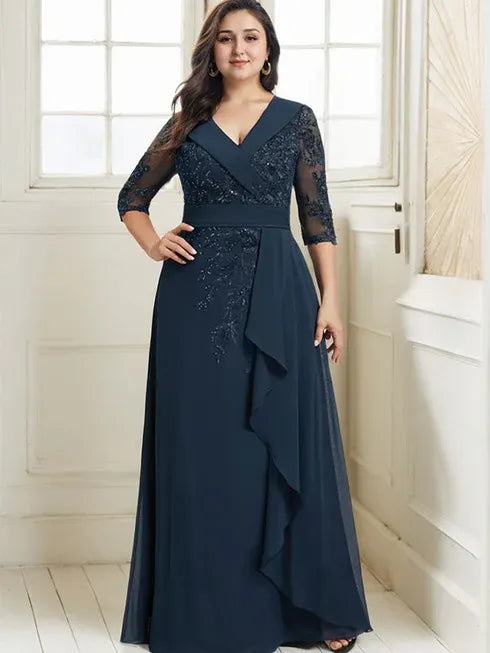 A-line Collared V-Neck Floor-Length Lace Chiffon Mother of the Bride Dress With Sequins Cascading Ruffles