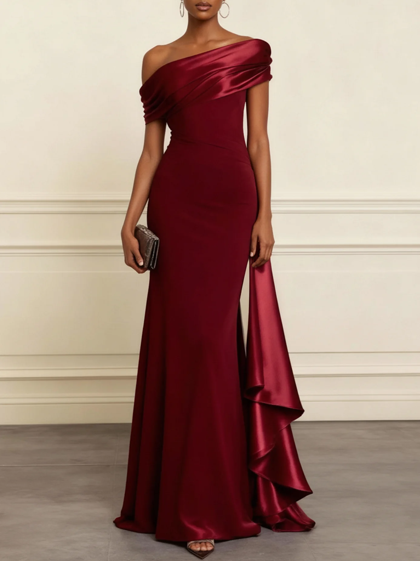 Wine Red Ruffled Classic One Shoulder Short Sleeve Mermaid Maxi Dress