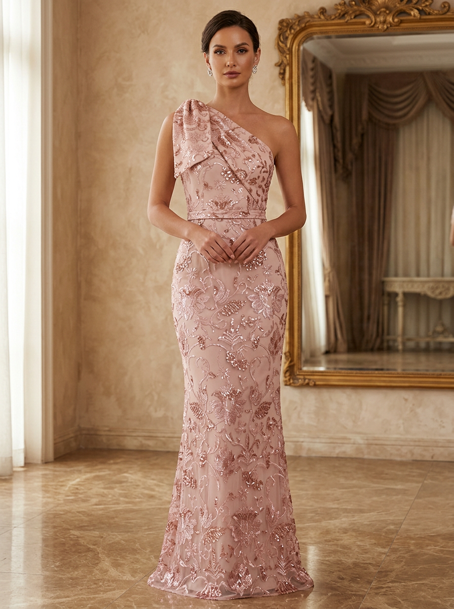 Pink One-Shoulder Sequin Floral Waistband Mermaid Maxi Dress
