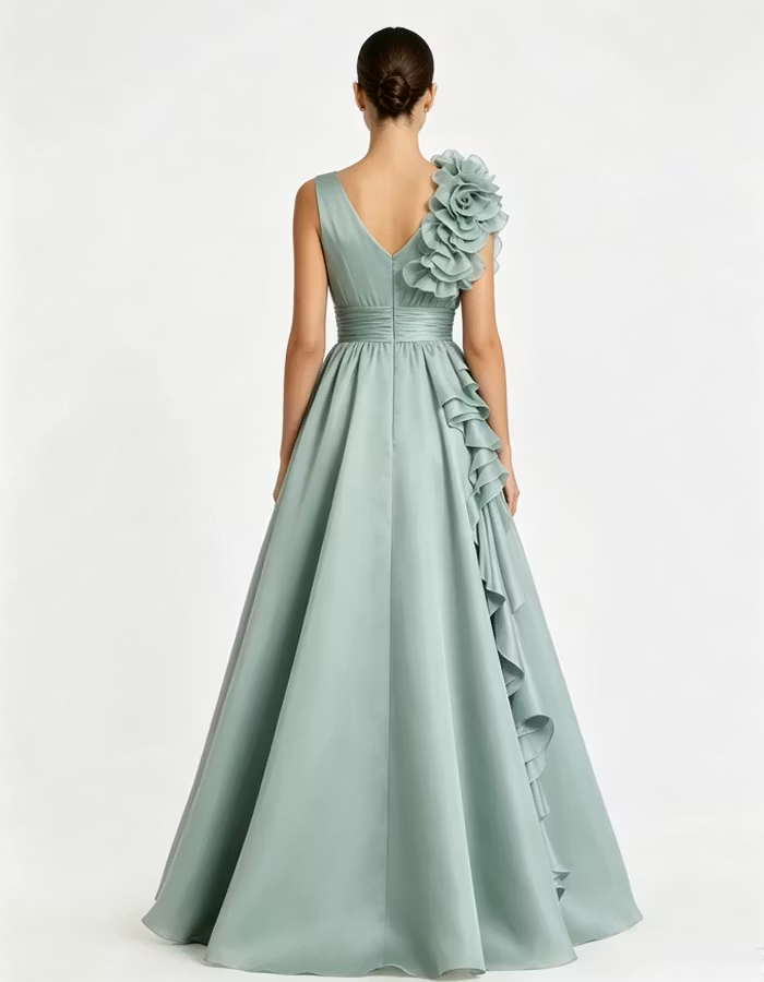 Sage Green 3D Floral Ruffle A‑Line Long Maxi Dress