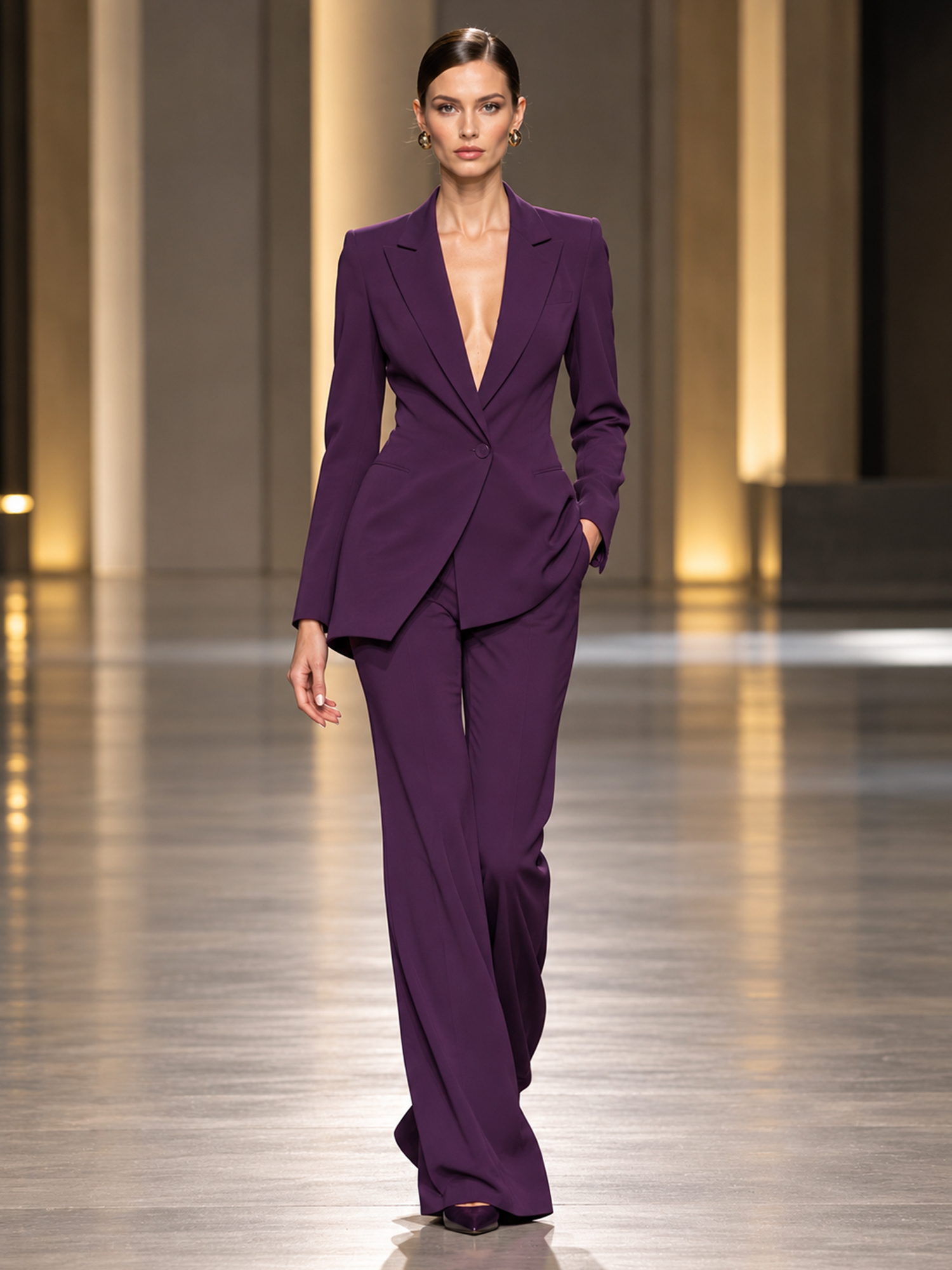 Plum Deep V Blazer Wide Leg Pants Suit Set
