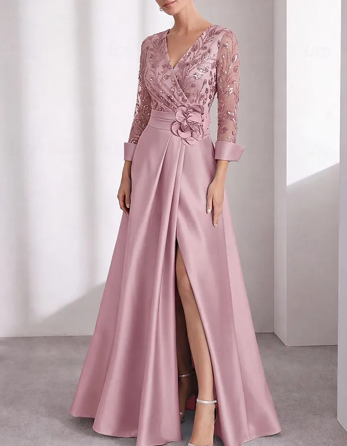 Pink Satin & Sequin V-Neck 3D Floral Maxi Dress