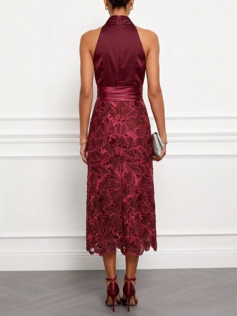 Burgundy Halter Satin Lace Midi Dress