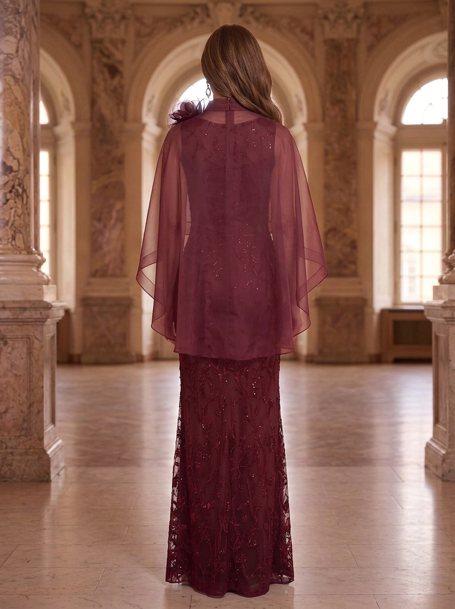 Burgundy High Neck Sleeveless Sequin Embellished Organza Cape Mermaid Maxi Dress