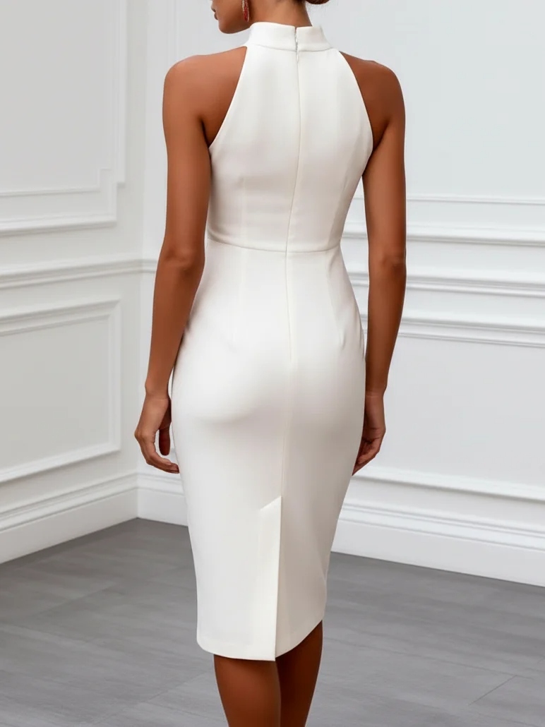 White Buckle Classic Mock Neck Sleeveless Sheath Midi Dress