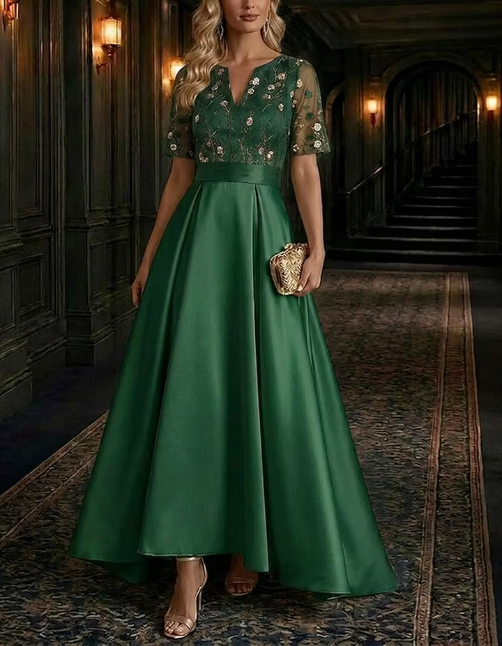 Champagne V-Neck Short Sleeve Floral Embroidery A-Line Midi Dress
