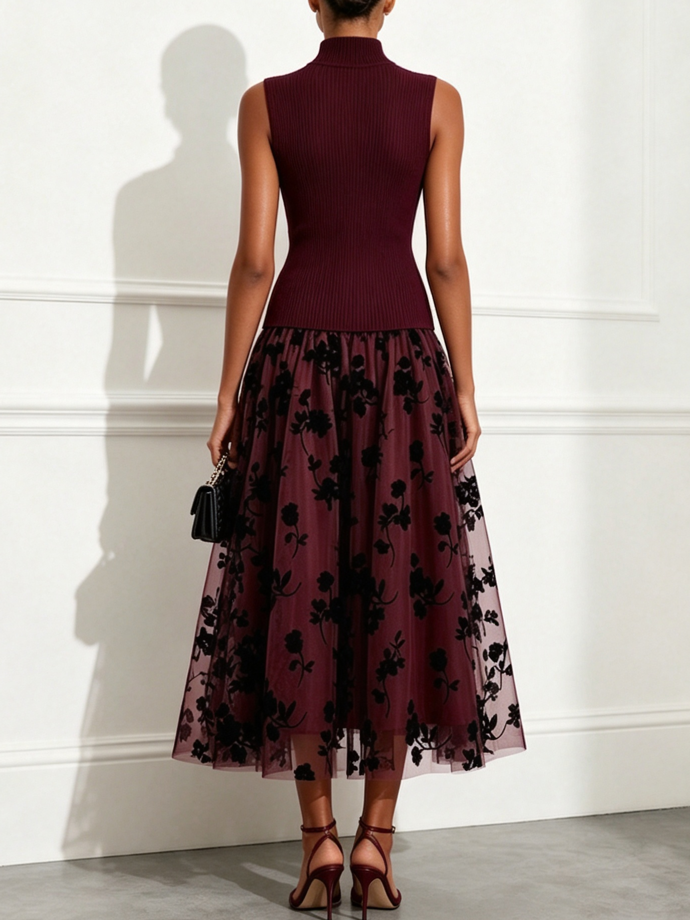 Black High Neck Knit Floral Mesh Midi Dress