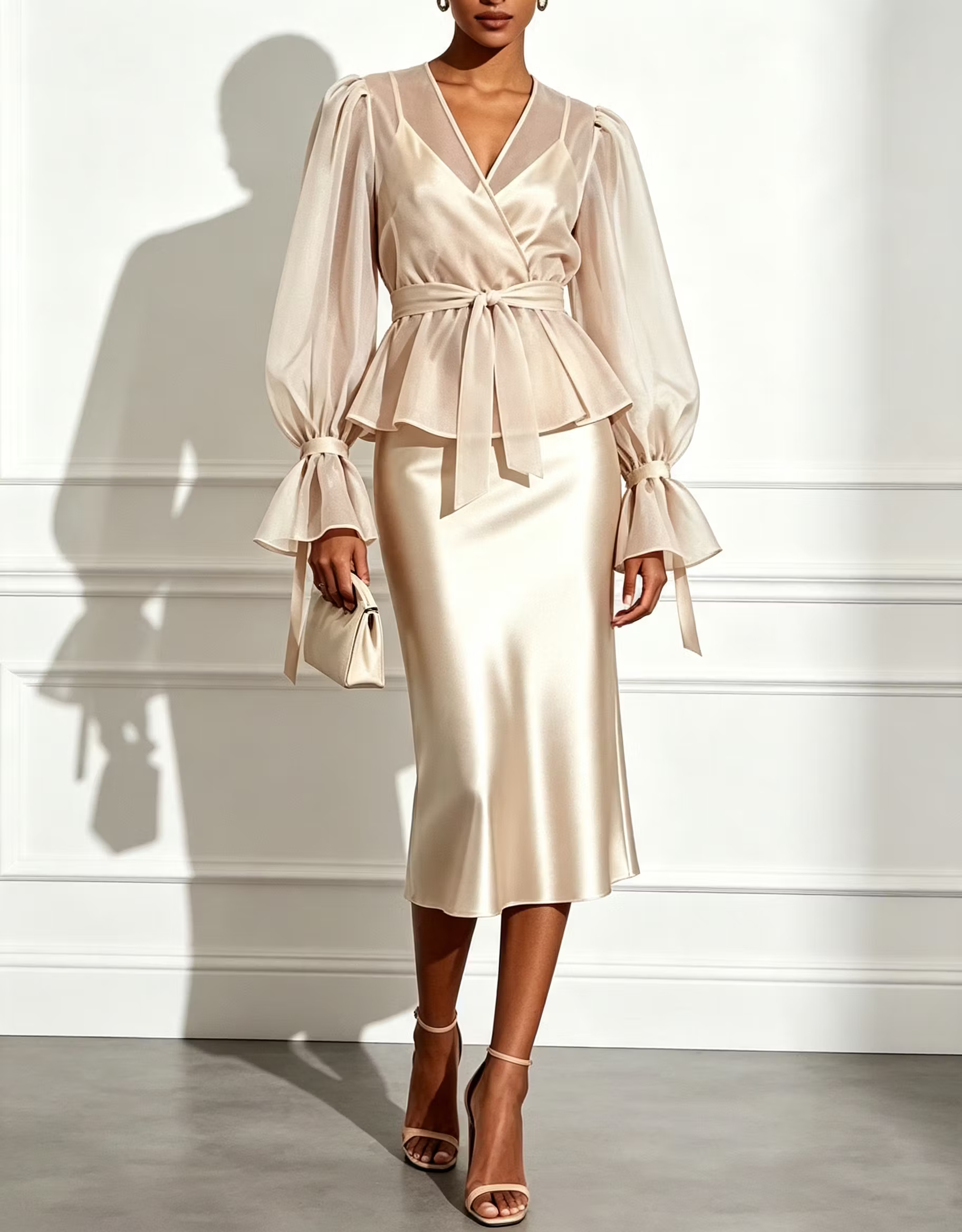 Champagne Chiffon Puff‑Sleeve Overlay Top with Belt & Satin Cami Midi Dress