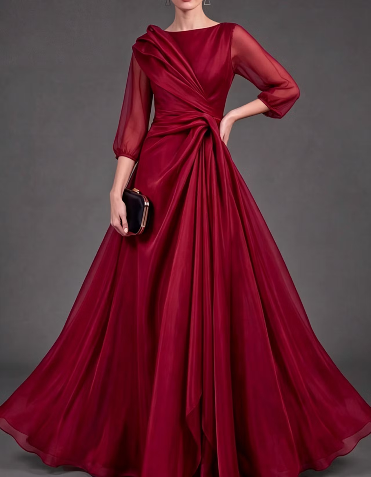 Burgundy Boat-Neck Mesh-Sleeve Ruched Twist Maxi Dress