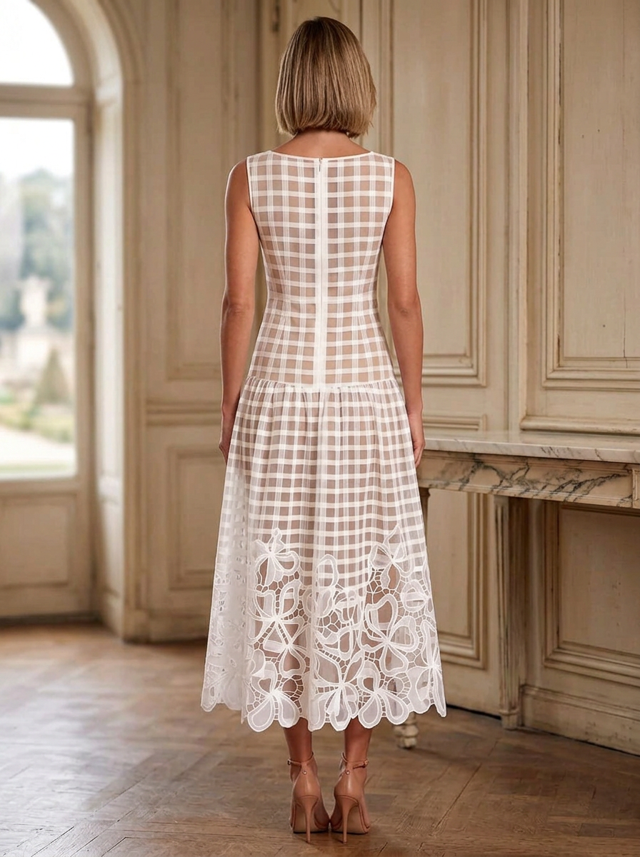 White Boat Neck Sleeveless Gingham Cutwork Lace Floral Hem Fit & Flare Midi Dress