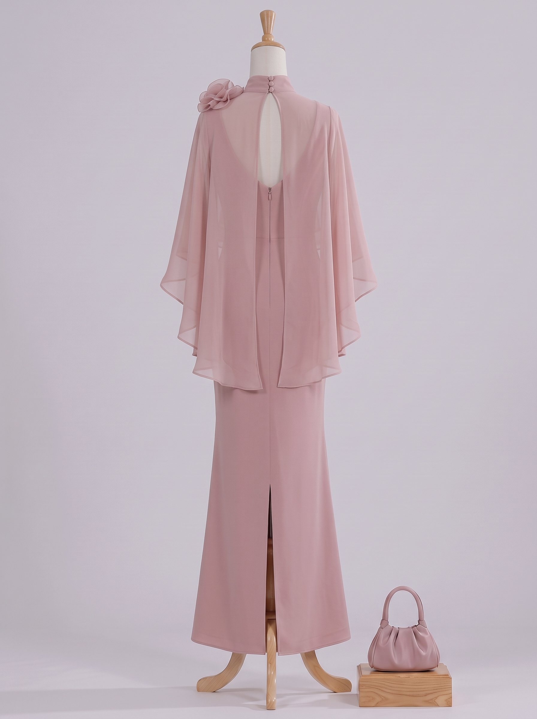 Dusty Pink Chiffon Mock Neck Cape Sleeve Mermaid Floor‑Length Maxi Dress
