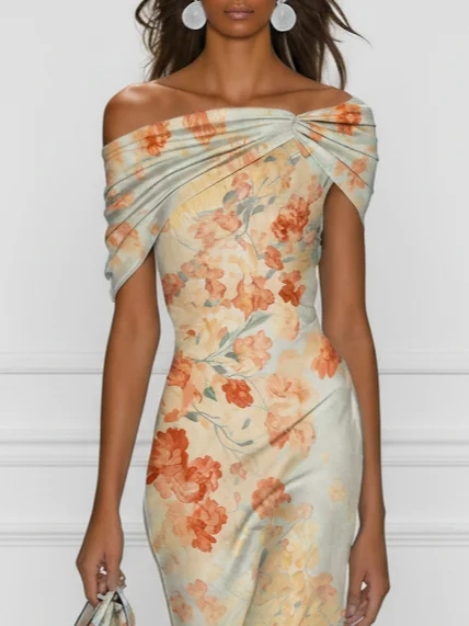 Light Blue Floral Classic Off The Shoulder Sleeveless Mermaid Midi Dress