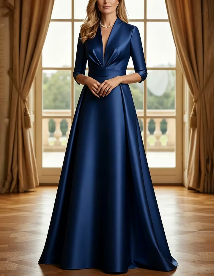 Light Blue Satin Deep V Elbow Sleeve Maxi Dress