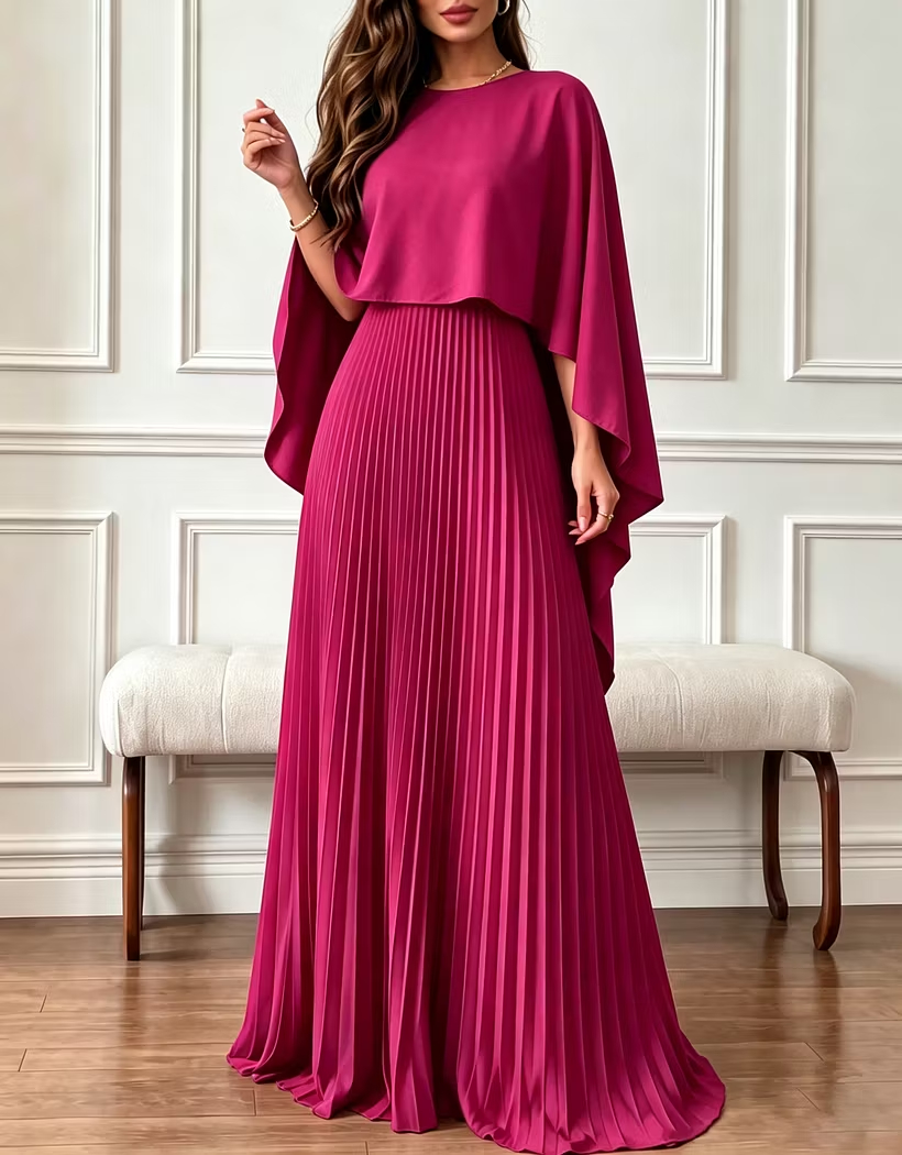 Round Neck Chiffon Cape Overlay Evening A‑Line Maxi Dress