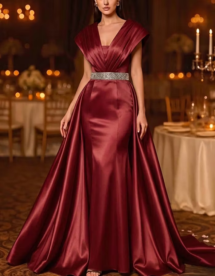 Gold Pleated V‑Neck Cap‑Sleeve Beaded‑Waist Satin Mermaid Maxi Dress