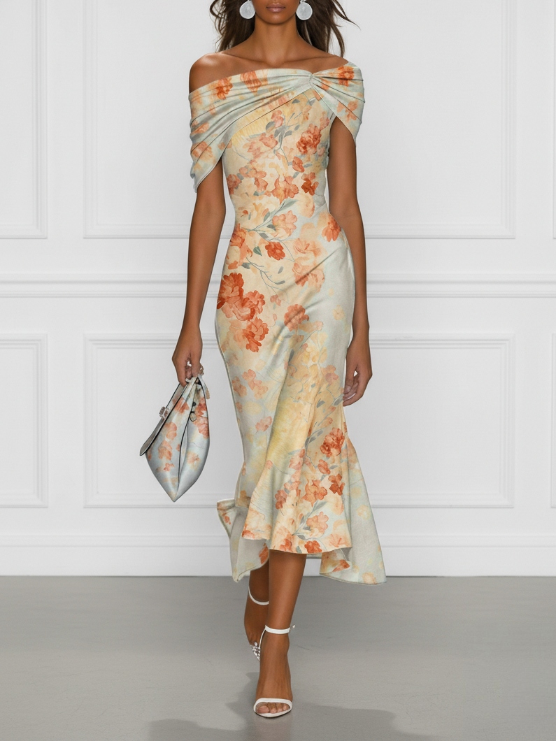 Light Blue Floral Classic Off The Shoulder Sleeveless Mermaid Midi Dress