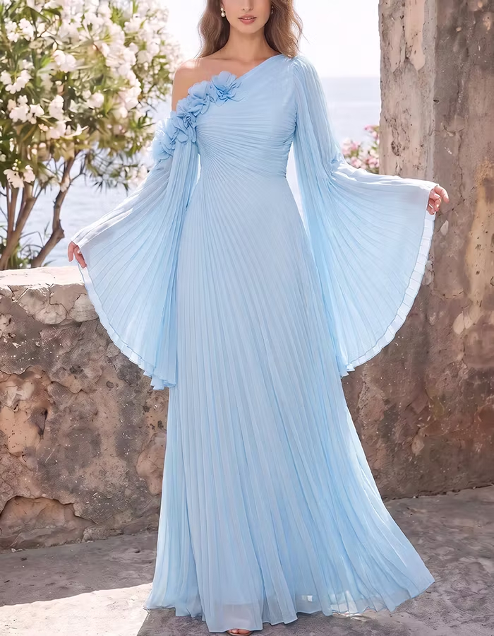 Light Blue One‑Shoulder 3D Floral Pleated Bell‑Sleeve Chiffon Maxi Dress