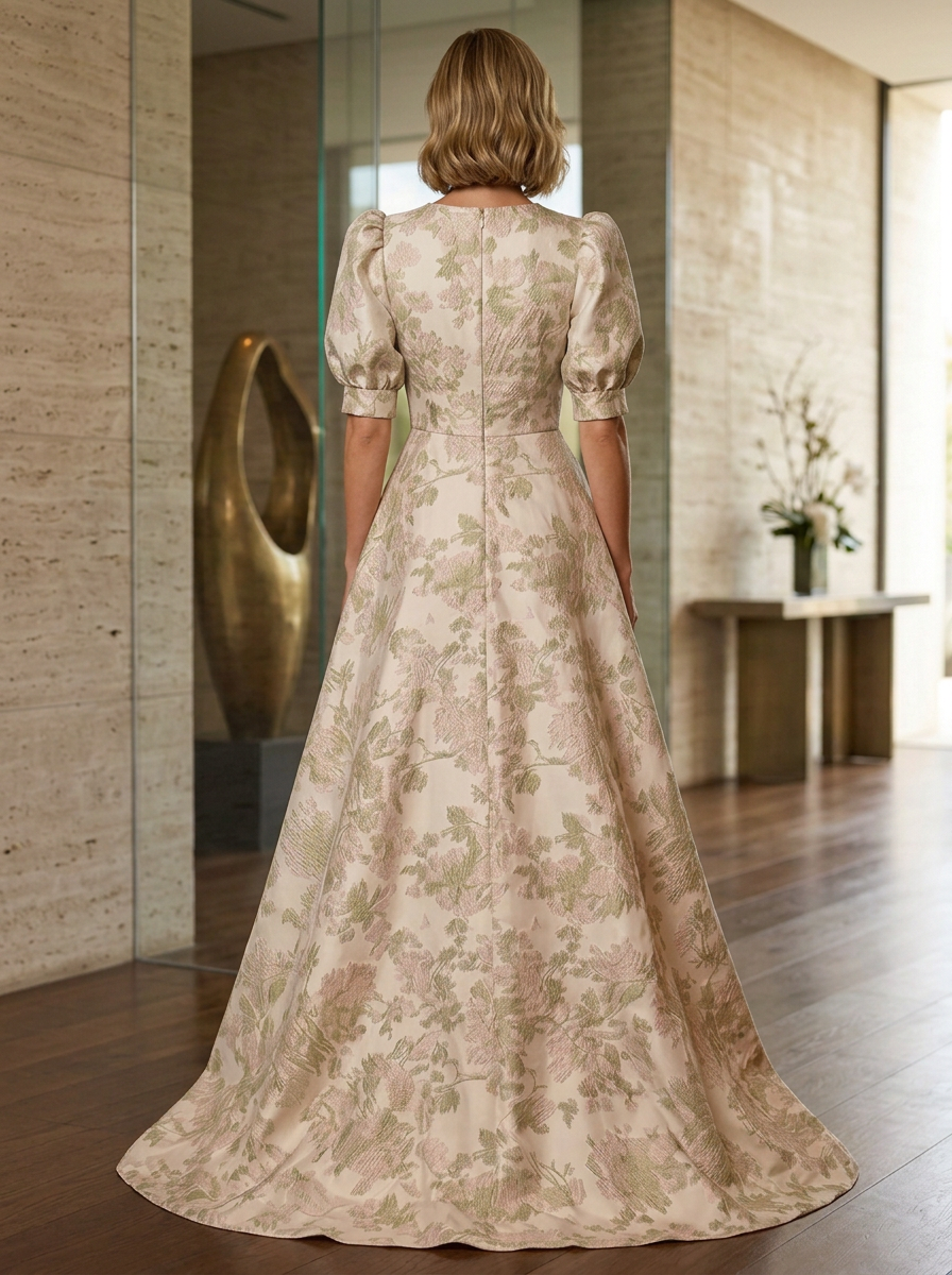 Ivory Jacquard Round Neck Puff Sleeve High-Low Ball Gown Maxi Dress