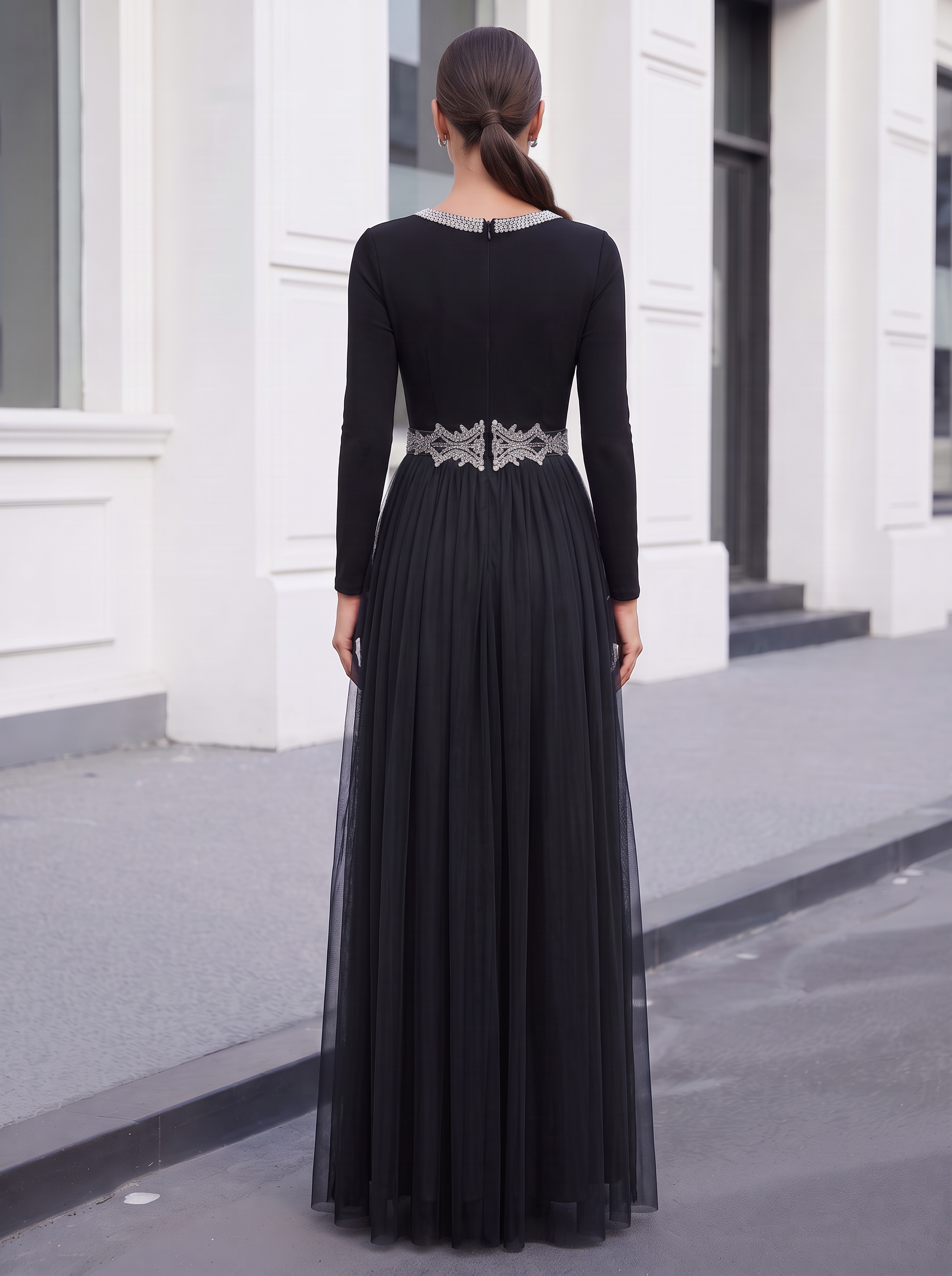 Black Deep V Neck Long Sleeve Beaded Chiffon Pleated Maxi Dress