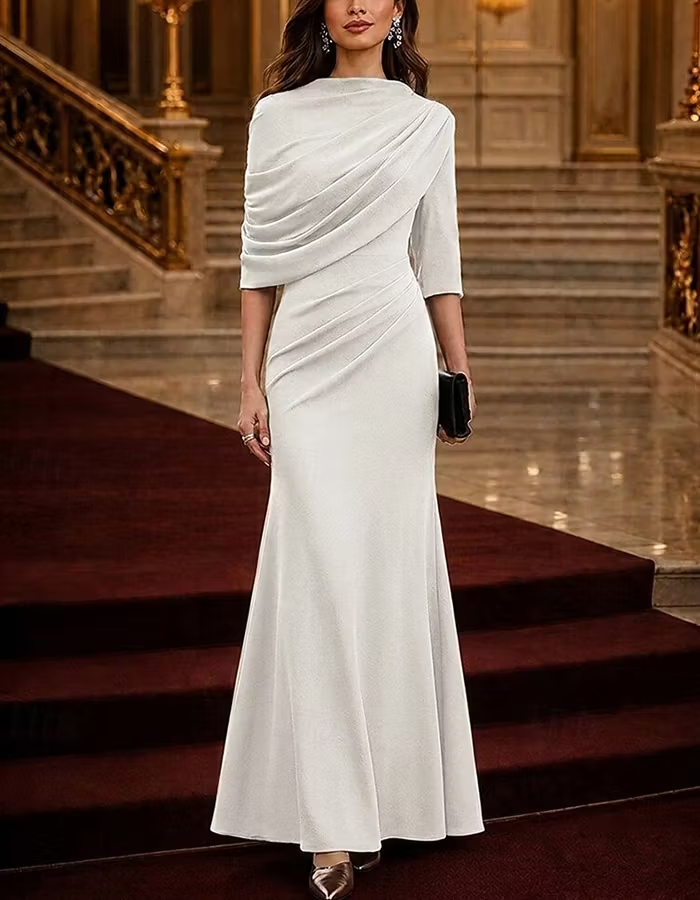 Ruched Mock Neck Mermaid 3/4 Sleeve Maxi Dress