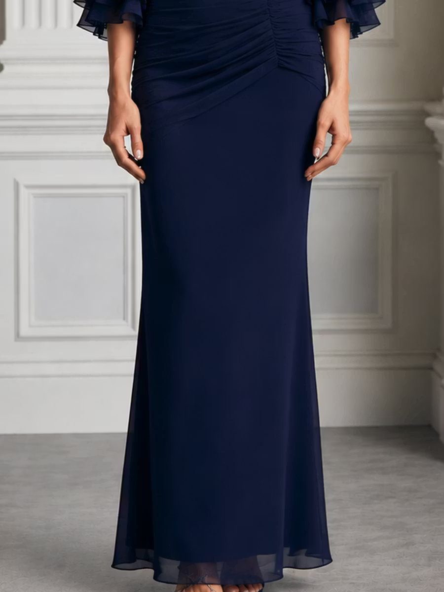 Navy Blue Cowl Neck Sheer Ruffle Sleeves Maxi Dress