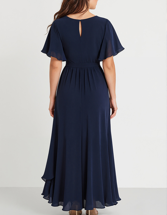 Navy Blue Flutter Sleeve Chiffon High-Low Midi Dress