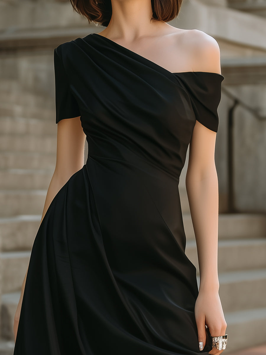 Asymmetric One-Shoulder Draped Midi Dress