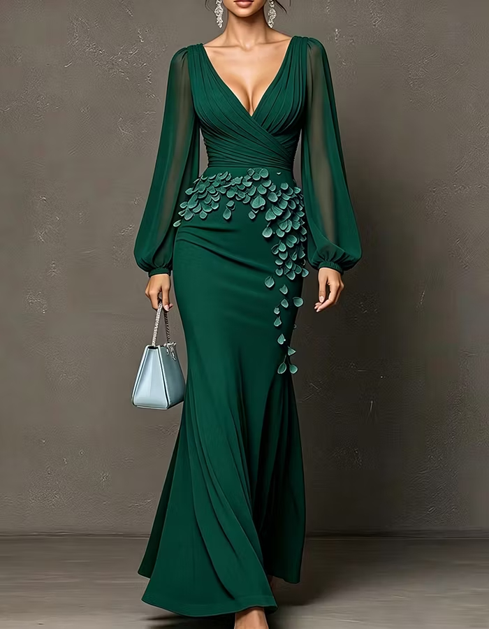 Deep V Sheer Puff Sleeve 3D Petal Chiffon Maxi Dress